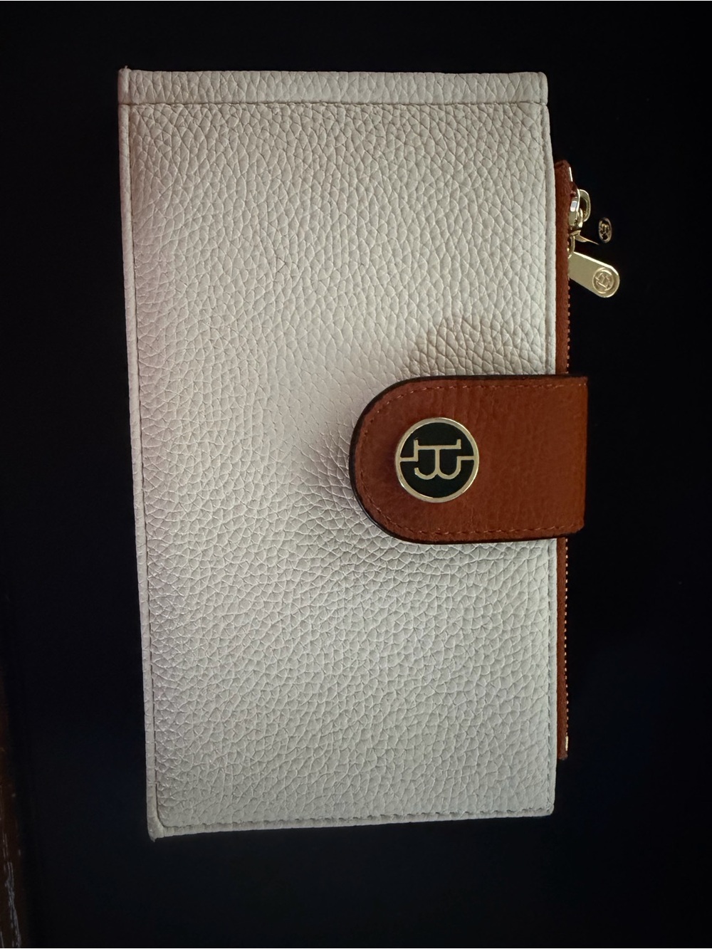 White Pebbled Wallet with Brown Snap and Gold Logo